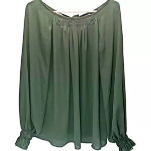 Banana Republic Ladies Olive Green Pleated Semi Sheer Tie Back‎ Blouse Sz Medium